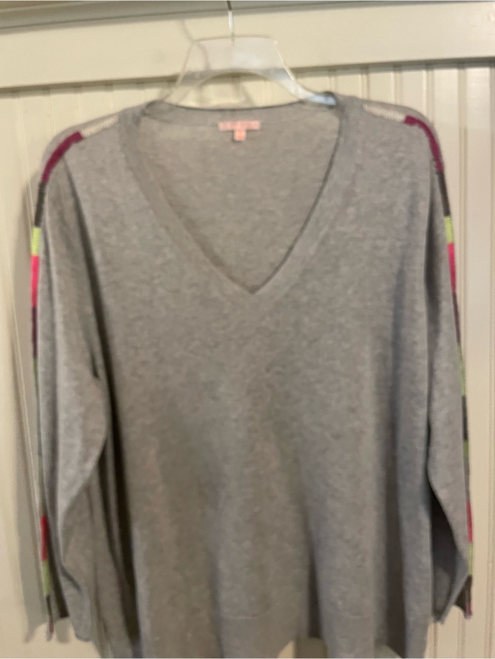 Lisa Todd Gray V-Neck Sweater with Pink and Lime Stripe Detail